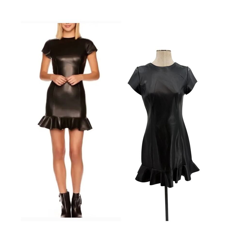 Susana Monaco Faux‎ Leather Ruffle Hem Mini Dress Black Cap Sleeve Size Large